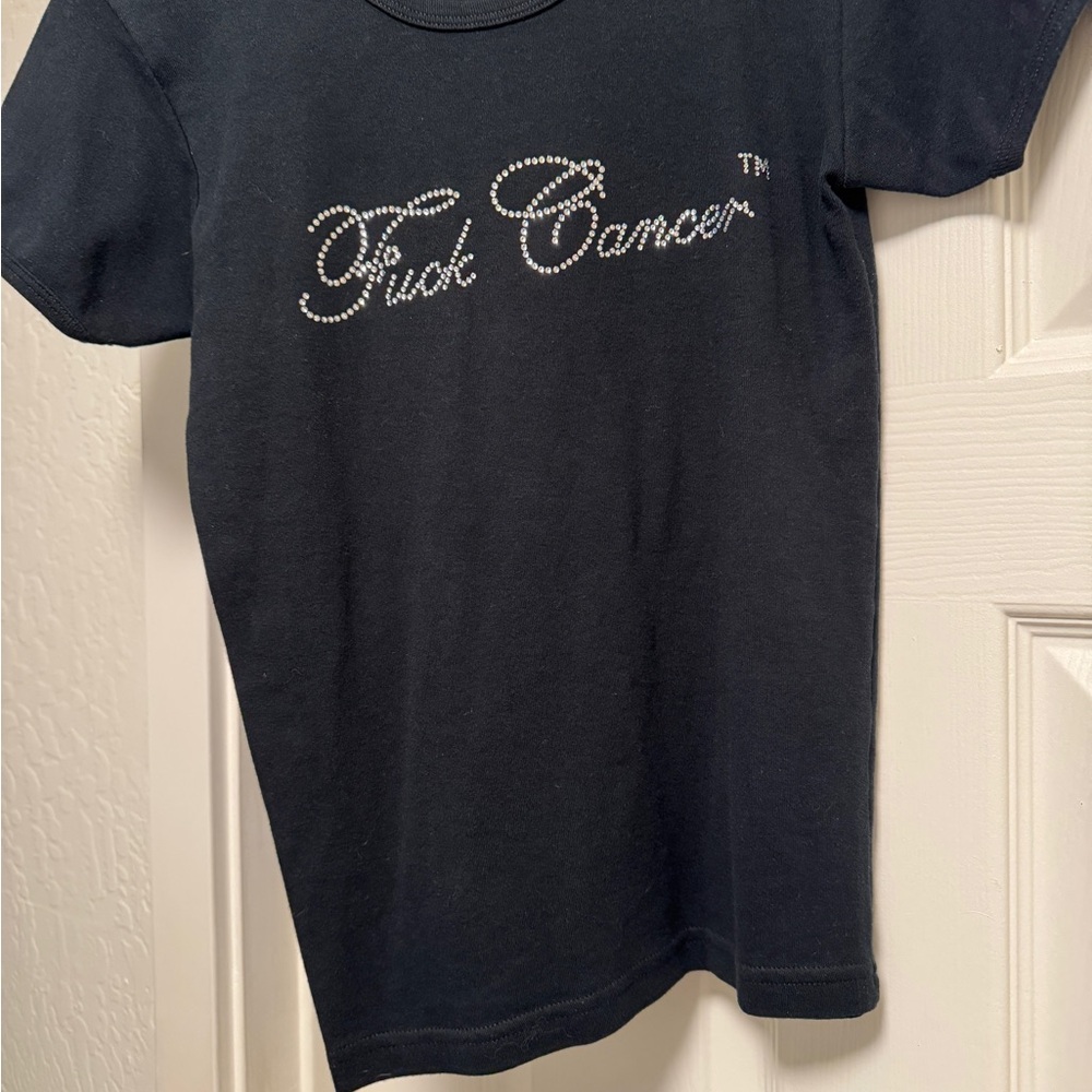Ladies Black T-Shirt with Rhinestone Script “F^ck Cancer”